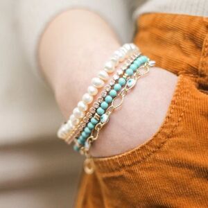 NWT Victoria Emerson Evil Eye Pearl Gold Plated Multi Layer Cuff Bracelet